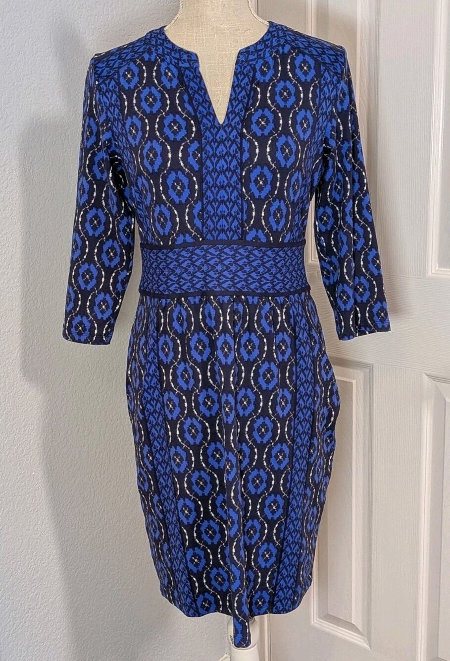 J Mclaughlin Lola Dress Womens Large Catalina Cloth Blue Geometric Pattern